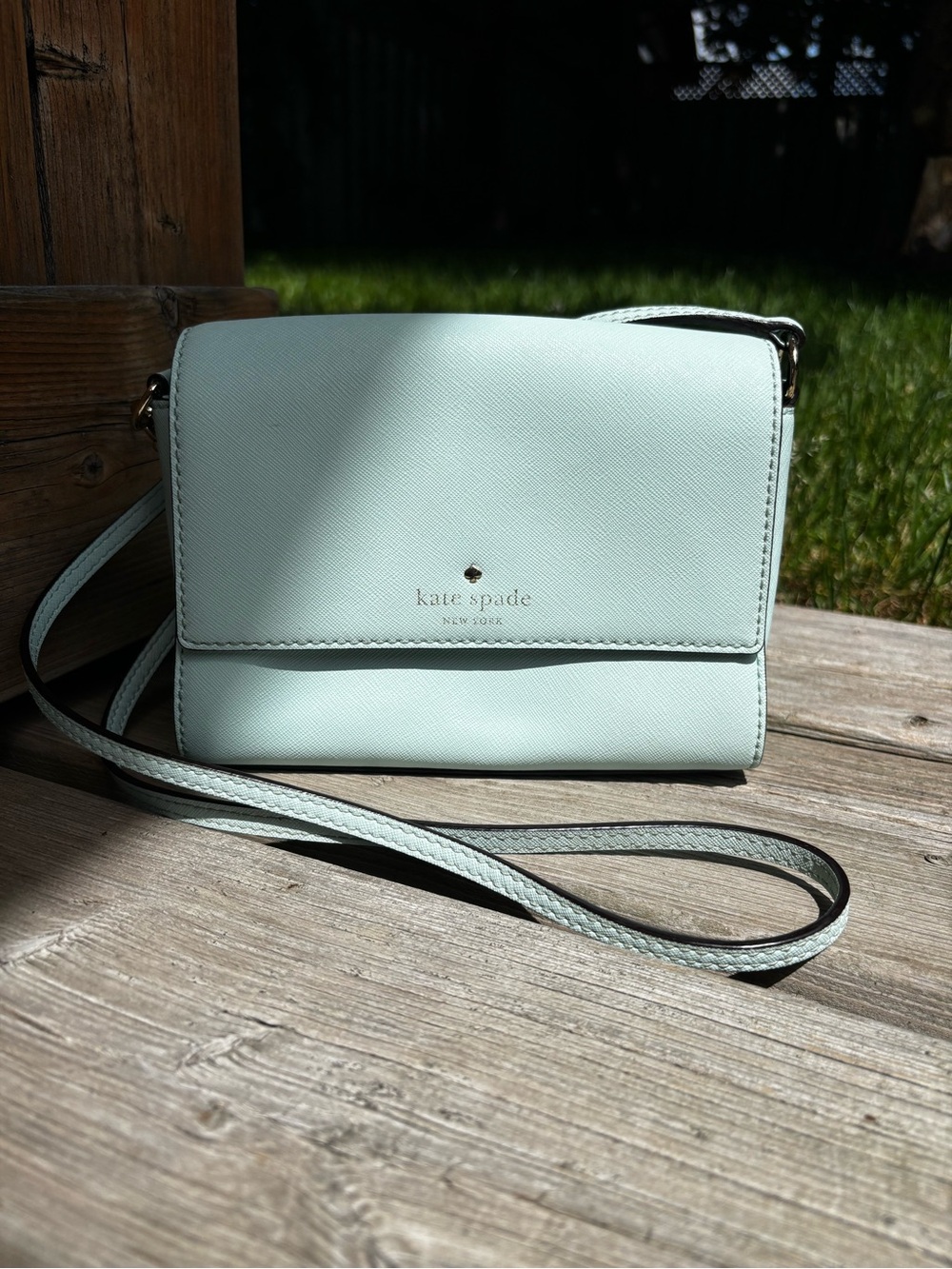 kate spade pastel mint leather crossbody with gold logo